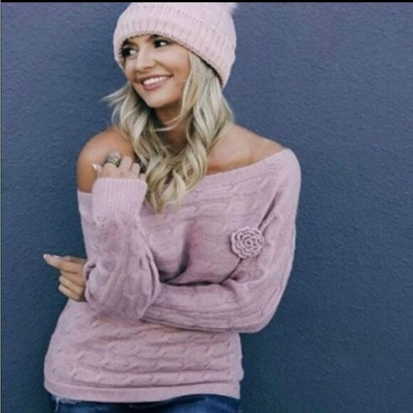 MILITARY HIPPIE DUSTY BLUSH PINK LILAC LAVENDER OFF SHOULDER CHUNKY KNIT SWEATER - Picture 5 of 16